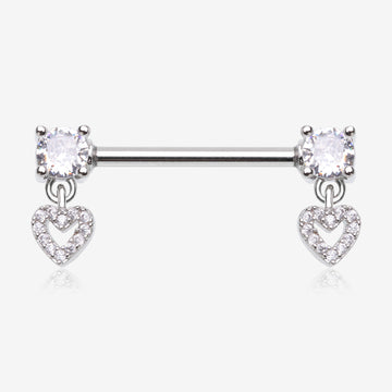 A Pair of Brilliant Sparkle Heart Gem Hollow Dangle Nipple Barbell-Clear Gem